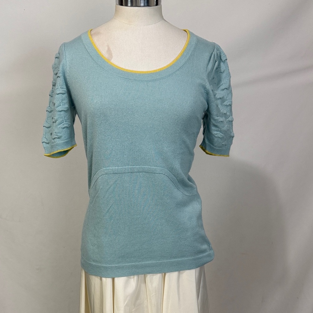 ESCADA Blue with Yellow Trim Silk and Cashmere Sweater